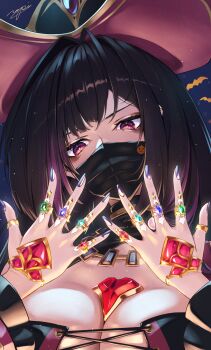 1girl azur_lane bags_under_eyes black_hair black_mask blue_gemstone blue_nails breasts cleavage gem gold_ring green_gemstone halloween hat highres jewelry large_breasts mask mouth_mask multicolored_hair necklace pirate pirate_hat purple_hair purple_streaks queen_anne&#039;s_revenge_(azur_lane) red_eyes red_gemstone ring ropi_(yyuichi29) signature solo streaked_hair upper_body