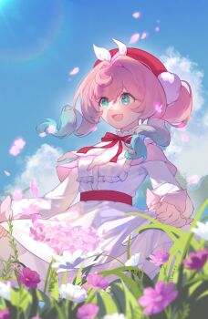 Rule 34 | 1girl, :d, absurdres, ahoge, alternate costume, aqua hair, beret, blue sky, blurry, blurry foreground, bow, bowtie, capelet, center frills, cloud, commentary request, day, dress, drill hair, field, flower, flower field, frills, gradient hair, grass, green eyes, hair ornament, hat, highres, honkai: star rail, honkai (series), hyacine (honkai: star rail), long sleeves, multicolored hair, open mouth, outdoors, petals, pink flower, pink hair, pom pom (clothes), pom pom hair ornament, puffy long sleeves, puffy sleeves, red bow, red bowtie, ribbon, skirt hold, sky, smile, solo, ten young pigeons, twin drills, twintails, white dress, white flower