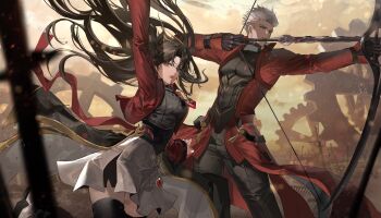 1boy 1girl archer_(fate) archer_(honkai:_star_rail)_(fate) arm_up black_hair black_pants black_ribbon black_shirt black_thighhighs bow_(weapon) chain cloud coat commentary_request cropped_jacket drawing_bow fate/stay_night fate_(series) gears green_eyes hair_ribbon heart heart_necklace highres holding holding_bow_(weapon) holding_weapon honkai:_star_rail honkai_(series) jacket jewelry long_hair looking_at_viewer necklace open_mouth outdoors pants parted_bangs pleated_skirt red_coat red_jacket ribbon shirt short_hair skirt sky spiked_hair teeth thighhighs tohsaka_rin tohsaka_rin_(honkai:_star_rail) twintails upper_teeth_only weapon white_hair white_skirt yeon_gaeng