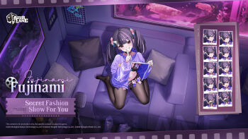 Rule 34 | 1girl, :q, azur lane, black bra, black choker, black mask, black panties, black thighhighs, bra, breasts, character name, choker, clothes pull, commentary, english commentary, finger to mouth, fish tank, fujinami (azur lane), fujinami (secret fashion show for you) (azur lane), green nails, grin, highres, indoors, jacket, jacket pull, jirai kei, logo, mask, medium breasts, medium hair, microphone, mouth mask, multicolored hair, multiple expressions, navel, official alternate costume, official art, panties, pillow, pink hair, pink streaks, purple hair, purple jacket, red eyes, shushing, sitting, smile, solo, stomach, streaked hair, thighhighs, tongue, tongue out, turtleneck, turtleneck jacket, twintails, underwear, wariza