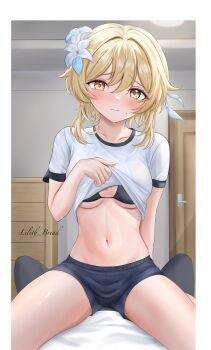 1girl 1other artist_name black_bra blonde_hair blush bra breasts closed_mouth clothes_lift collarbone commentary_request flower genshin_impact hair_between_eyes hair_flower hair_ornament highres indoors lilith_shall looking_at_viewer lumine_(genshin_impact) medium_breasts navel pov shirt shirt_lift short_hair_with_long_locks short_sleeves shorts sitting sitting_on_person small_sweatdrop stomach underwear white_flower white_shirt white_shorts yellow_eyes