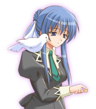 Rule 34 | 00s, 1girl, animal, animal on shoulder, bird, bird on shoulder, blue eyes, blue hair, female focus, frown, gradient background, holding, long sleeves, looking down, matching hair/eyes, necktie, sad, school uniform, solo, strawberry panic!, suzumi tamao, white background