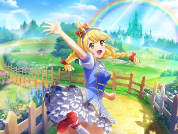 1girl arm_up artistic_error blonde_hair blue_dress blue_hairband braid cosplay dorothy_gale dorothy_gale_(cosplay) dress fence flower flower_request frilled_dress frills game_cg hairband long_hair looking_at_viewer official_art ootsuki_aruru pavement rainbow red_shoes road shoes short_sleeves shoujo_kageki_revue_starlight shoujo_kageki_revue_starlight_-re_live- socks solo standing standing_on_one_leg the_wizard_of_oz twin_braids upper_body white_socks yellow_eyes