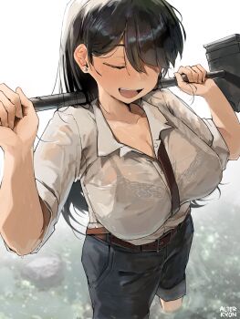 1girl alterkyon arato_nagi artist_name between_breasts black_hair bra_visible_through_clothes breasts cleavage closed_eyes commentary earrings english_commentary hair_over_one_eye hammer highres holding holding_hammer jewelry large_breasts long_hair open_mouth outdoors pants pants_rolled_up partially_unbuttoned river ruri_no_houseki shirt solo strap_between_breasts stud_earrings sweat sweaty_clothes wading white_shirt