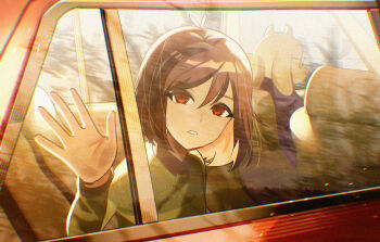 1girl 1other brown_hair car_interior car_seat colored_inner_hair deltarune dress glasses goat_girl green_sweater hair_between_eyes hand_up highres kris_(deltarune) looking_at_viewer multicolored_hair parted_lips purple_dress red_eyes sweater teeth toriel upper_body utdr_(toby_fox) valve_core white_sleeves