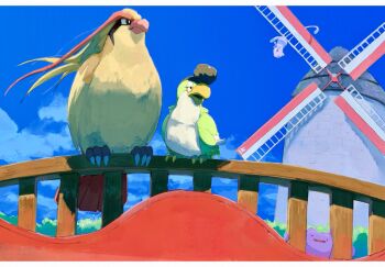 ._. beak bird black_eyes black_hair blue_sky bridge bright_pupils bush cloud colored_skin ditto fence flying gen_1_pokemon green_eyes highres in-universe_location legendary_pokemon mew_(pokemon) mythical_pokemon nintendo no_humans open_mouth outdoors pidgeot pink_skin pokemon pokemon_(creature) pokemon_focus pokemon_sv sakuraiisui sky slime_(creature) squawkabilly squawkabilly_(green) talons white_pupils windmill wings wooden_fence