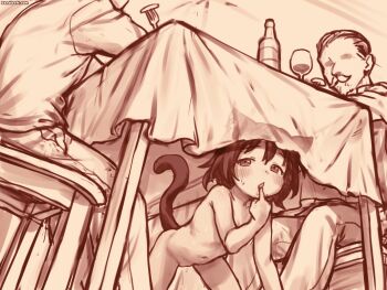 1girl 3boys ? all_fours animal_ears animated animated_gif bottle cat_ears cat_girl cat_tail caught chair completely_nude drinking eating false_smile flat_chest food_theft fork highres kurotsuki_(luowei99) loli monochrome multiple_boys nude on_chair original pussy scared short_hair sitting smile squiggle surprised sweat table tail under_table