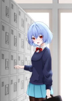 1girl black_pantyhose black_sweater blue_skirt bow bowtie breasts collared_shirt hair_between_eyes hand_up highres locker long_sleeves looking_at_viewer merihari07 open_mouth pantyhose pleated_skirt purple_hair red_bow red_bowtie red_eyes remilia_scarlet school_uniform shirt short_hair skirt small_breasts smile solo sweater touhou white_shirt