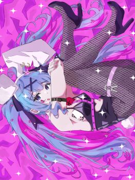 1girl absurdres amanotti_01 animal_ears black_leotard black_pantyhose black_ribbon black_shoes blue_eyes blue_hair breasts fake_animal_ears fake_tail fishnet_pantyhose fishnets hair_ornament hair_ribbon hatsune_miku high_heels highres leotard long_hair medium_breasts multicolored_hair pantyhose pink_hair playboy_bunny rabbit_ears rabbit_hole_(vocaloid) rabbit_tail ribbon shoes solo tail teardrop_facial_mark tongue tongue_out twintails very_long_hair vocaloid x_hair_ornament