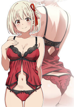 1girl absurdres ass babydoll blonde_hair bob_cut breasts cleavage closed_mouth collarbone commentary_request cowboy_shot hair_ribbon highres large_breasts lingerie looking_at_viewer lycoris_recoil multiple_views navel nishikigi_chisato one_side_up panties red_babydoll red_eyes red_panties red_ribbon ribbon short_hair simple_background smile tetsuado underwear underwear_only white_background