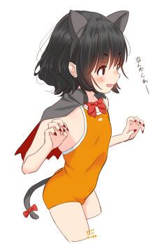 1girl animal_ears cape cat_ears cat_tail commentary_request competition_school_swimsuit cowboy_shot cropped_legs curled_fingers flat_chest grey_cape halloween_costume nail_polish one-piece_swimsuit orange_one-piece_swimsuit original red_nails retsumaru school_swimsuit short_hair simple_background solo swimsuit tail translation_request white_background