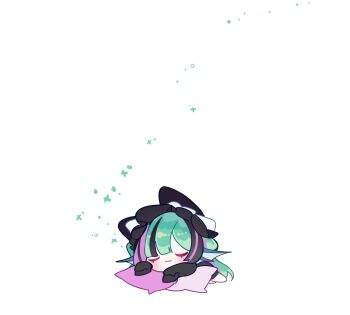 1girl absurdres black_streaks blush chibi chibi_only closed_eyes closed_mouth commentary finana_ryugu fins fish_girl full_body green_hair head_fins highres long_hair multicolored_hair nijisanji nijisanji_en nrnmarie parted_bangs pillow purple_streaks sleeping smile solo streaked_hair virtual_youtuber white_background