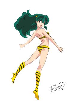 1girl absurdres animal_print bikini boots commentary_request cone_horns from_behind full_body green_hair highres horns knee_boots long_hair looking_back lum moechiki open_mouth print_bikini print_boots sidelocks signature solo swimsuit tiger_print urusei_yatsura