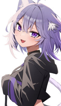 1girl ahoge animal_ear_fluff animal_ears black_choker black_jacket blush cat_ears cat_girl cat_tail choker commentary_request highres hololive jacket looking_at_viewer medium_hair nekomata_okayu nekomata_okayu_(1st_costume) open_mouth purple_eyes purple_hair simple_background smile tail tenpa_illust virtual_youtuber white_background