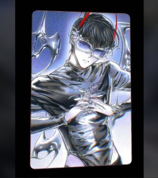 1boy black_border black_leotard bodysuit border demon_horns fingernails head_tilt horns interlocked_fingers kim_dokja leotard long_fingernails long_sleeves looking_at_viewer male_focus omniscient_reader&#039;s_viewpoint parted_lips solo toupou39