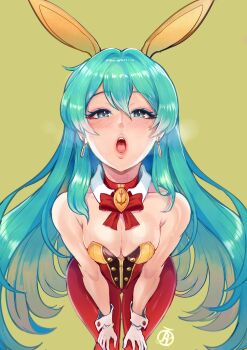 Rule 34 | 1girl, alternate costume, animal ears, aqua eyes, aqua hair, bare arms, bare shoulders, blush, breasts, detached collar, earrings, eirika (fire emblem), facing viewer, fake animal ears, fire emblem, fire emblem: the sacred stones, gloves, gluteal fold, green background, hands on own knees, heavy breathing, highres, jewelry, leaning forward, lips, long hair, neck ribbon, nintendo, open mouth, pantyhose, playboy bunny, rabbit ears, red pantyhose, revolverwing, ribbon, simple background, small breasts, solo, tongue, very long hair, watermark, white gloves