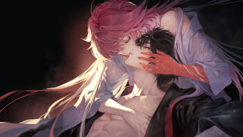 1boy 1girl alternate_costume bilingual_commentary black_hair changli_(wuthering_waves) closed_eyes collarbone colored_extremities commentary english_commentary fingernails highres hug hug_from_behind imminent_kiss long_hair looking_at_another male_rover_(wuthering_waves) mixed-language_commentary multicolored_hair nail_polish orange_nails pink_hair red_hands rover_(wuthering_waves) ruoruoqiu shirt toned toned_male two-tone_hair wet wet_clothes wet_shirt white_hair wuthering_waves yellow_eyes