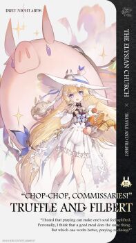 1girl :d basket black_shoes blonde_hair blue_eyes bread carrot commentary company_name copyright_name copyright_notice detached_sleeves dress duet_night_abyss english_commentary english_text filbert_(duet_night_abyss) food full_body hair_ornament hat highres holding holding_basket long_hair long_sleeves looking_at_another official_art open_mouth pig puffy_long_sleeves puffy_sleeves shoes smile socks solo sparkle tomato truffle_(duet_night_abyss) very_long_hair whistle white_dress white_hat white_sleeves white_socks