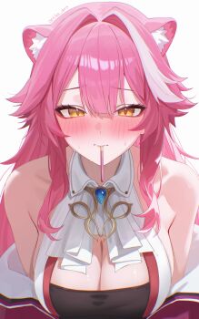 1girl absurdres anska ascot black_shirt blush breasts brooch center-flap_bangs cleavage closed_mouth collared_vest commentary double-parted_bangs extra_ears food food_in_mouth highres hololive hololive_english incoming_pocky_kiss jacket jewelry large_breasts long_hair looking_at_another looking_at_viewer multicolored_hair off_shoulder panther_girl panther_tail pink_hair pink_jacket pocky pocky_in_mouth pov raora_panthera raora_panthera_(1st_costume) shirt sidelocks simple_background solo straight-on streaked_hair tail teeth upper_teeth_only very_long_hair vest virtual_youtuber white_ascot white_background white_streaks white_vest yellow_eyes