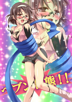 Rule 34 | 1girl, bdsm, blush, bondage, bound, breasts, brown eyes, brown hair, casual, covered erect nipples, female focus, hairband, heaven condition, ikamusume, ink, medium breasts, nagatsuki sanae, nakahara (nico), orgasm, saliva, shinryaku! ikamusume, short hair, shorts, solo, suggestive fluid, tears, tentacles, tentacle hair, zoom layer