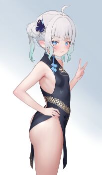 1girl absurdres ahoge anyormal aqua_hair ass bare_arms bare_shoulders black_dress blue_archive blue_eyes blush braid breasts bun_with_braided_base china_dress chinese_clothes closed_mouth cosplay dragon_print dress gradient_background gradient_hair grey_hair hair_bun hand_on_own_hip highres indie_virtual_youtuber kisaki_(blue_archive) kisaki_(blue_archive)_(cosplay) looking_at_viewer mint_fantome multicolored_hair pelvic_curtain pointy_ears small_breasts solo thighs v virtual_youtuber