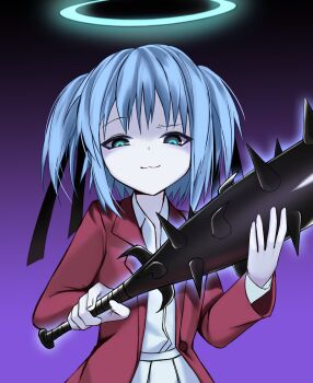 1girl absurdres black_ribbon blue_eyes blue_hair bokusatsu_tenshi_dokuro-chan club club_(weapon) collared_shirt commentary_request excalibolg glowing glowing_halo gradient_background hair_ribbon halo highres holding holding_weapon jacket looking_down mitsukai_dokuro ompf open_clothes open_jacket pale_skin ribbon shirt skirt smile solo spiked_club traditional_halo twintails upper_body weapon white_skirt