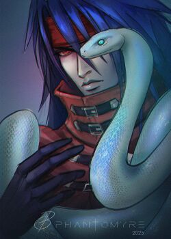 1boy 2025 artist_name belt_buckle black_gloves black_hair buckle chinese_zodiac cloak closed_mouth final_fantasy final_fantasy_vii final_fantasy_vii_rebirth final_fantasy_vii_remake gloves green_eyes hair_between_eyes hashtag-only_commentary headband highres lips long_hair male_focus phantomyre red_cloak red_eyes red_headband signature slit_pupils snake spiked_hair upper_body vincent_valentine year_of_the_snake