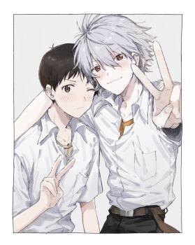 Rule 34 | 2boys, arm around shoulder, black hair, black pants, border, brown eyes, collared shirt, commentary, grey hair, grey shirt, hair between eyes, highres, ikari shinji, looking at viewer, m3gris3, male focus, multiple boys, nagisa kaworu, neon genesis evangelion, one eye closed, orange shirt, pants, pocket, red eyes, school uniform, shirt, shirt tucked in, short hair, short sleeves, symbol-only commentary, v, white border, white shirt