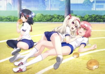 3girls ass black_hair black_socks blonde_hair blue_buruma breasts buruma fate/kaleid_liner_prisma_illya fate_(series) grabbing_another&#039;s_breast groping hairband highres illyasviel_von_einzbern large_breasts loli long_hair looking_at_viewer looking_back miyu_edelfelt multiple_girls official_art open_mouth panties panties_under_buruma panty_peek pink_hair red_eyes red_hairband shirt short_hair small_breasts socks sportswear striped_clothes striped_panties tanaka_(fate) tongue tongue_out underwear white_shirt white_socks wide_hips yellow_eyes