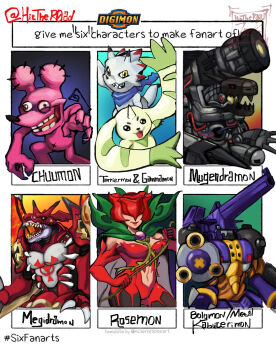 Rule 34 | bolgmon, cape, covered eyes, digimon, digimon (creature), flower, gammamon, highres, lopmon, mask, megidramon, mugendramon, petals, rosemon, tyumon