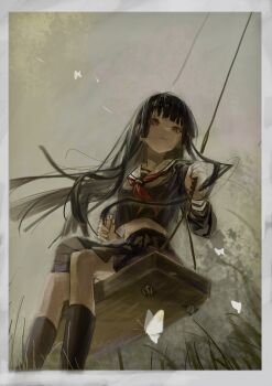 1girl 78404938 absurdres black_hair black_serafuku black_shirt black_skirt black_socks blunt_bangs blunt_ends border bug butterfly chinese_commentary closed_mouth cloud cloudy_sky commentary_request day enma_ai expressionless feet_out_of_frame floating_hair frown grass grey_border highres hime_cut insect jigoku_shoujo kneehighs long_hair long_sleeves looking_at_viewer medium_skirt midriff neckerchief on_swing outdoors pleated_skirt red_eyes red_neckerchief sailor_collar school_uniform serafuku shirt sitting skirt skirt_set sky socks solo straight_hair swing swinging swinging_on_swing tree very_long_hair white_butterfly white_sailor_collar