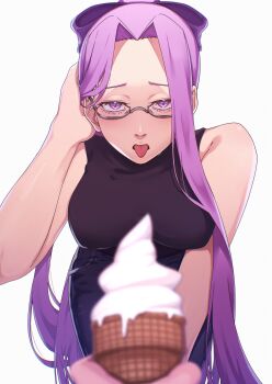 1girl absurdres alternate_hairstyle bare_arms black_sweater bow breasts commentary_request denim fate/stay_night fate_(series) food glasses hair_bow highres holding holding_food holding_ice_cream ice_cream jeans large_breasts leaning_forward long_hair looking_at_viewer medusa_(fate) medusa_(rider)_(fate) nikumaki43 pants ponytail pov pov_hands purple_bow purple_eyes purple_hair semi-rimless_eyewear simple_background sleeveless sleeveless_sweater solo_focus sweater tongue tongue_out under-rim_eyewear very_long_hair white_background