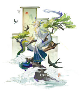 Rule 34 | absurdres, animal ears, arknights, bird, colored extremities, commentary request, dragon ears, dragon girl, dragon tail, dress, full body, gradient hair, highres, in tree, light smile, long hair, looking at viewer, ma hou shao jiu, multicolored hair, painting (object), seal impression, shu (arknights), shu (bingwenyuyou) (arknights), sitting, sitting in tree, skirt, swallow (bird), tail, tree, very long hair, xiangyun, yellow skirt