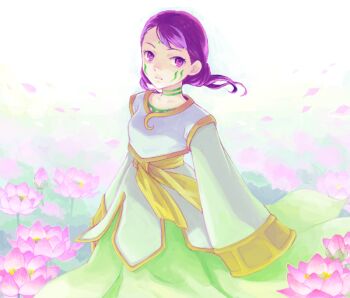 Rule 34 | 1girl, bad drawr id, bad id, collarbone, eureka seven, eureka seven (series), facial mark, floating hair, flower, forehead mark, green skirt, long sleeves, lotus, marking on cheek, medium hair, petals, pink flower, pink petals, purple eyes, purple hair, saikachi (ogre tree), sakuya (eureka seven), sash, skirt, sleeves past fingers, sleeves past wrists, solo, twintails, yellow sash