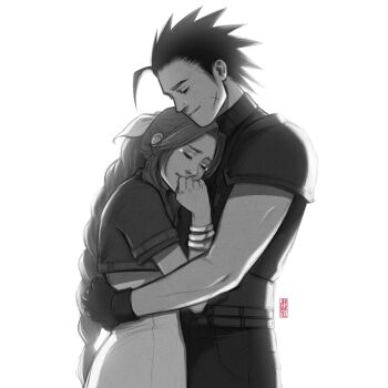 1boy 1girl aerith_gainsborough armor bangle bracelet braid braided_ponytail closed_eyes closed_mouth commentary couple cowboy_shot crisis_core:_final_fantasy_vii cropped_jacket cross_scar dress english_commentary facial_scar final_fantasy final_fantasy_vii final_fantasy_vii_remake gloves greyscale hair_ribbon happy_tears heads_together height_difference hetero highres hug jacket jen_bartel jewelry long_hair monochrome ponytail ribbon scar scar_on_cheek scar_on_face short_hair short_sleeves shoulder_armor signature sleeveless sleeveless_turtleneck spiked_hair sweater tears turtleneck turtleneck_sweater white_background zack_fair