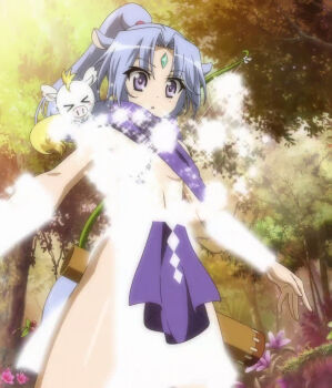 Rule 34 | 10s, aqua hair, censored, censored nipples, convenient censoring, dog days, highres, ponytail, purple eyes, screencap, sharu (dog days)