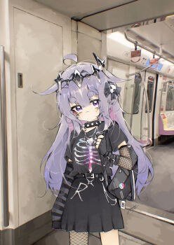 1girl absurdres alternate_costume asymmetrical_sleeves bag belt black_bow black_eyeshadow black_gloves black_ribbon black_shirt black_skirt bow collar commentary detached_sleeves doktahzaki english_commentary expressionless eyeshadow fingerless_gloves fishnet_sleeves fishnet_thighhighs fishnets gloves goth_fashion hair_bow hair_ornament highres hololive hololive_english koseki_bijou looking_at_viewer makeup messy_hair photo_background purple_eyes ribbon shirt short_eyebrows short_sleeves shoulder_bag single_thighhigh skirt skull_hair_ornament sleeves_past_fingers sleeves_past_wrists solo spiked_collar spikes striped_sleeves subway thick_eyebrows thighhighs vehicle_interior virtual_youtuber
