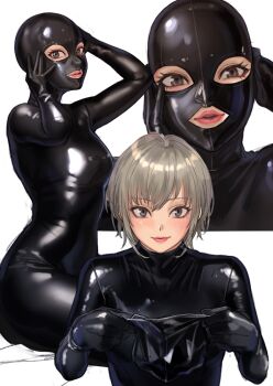 1girl blush bodysuit brown_eyes brown_hair gimp_mask gimp_suit highres kilye_kairi latex latex_bodysuit latex_mask looking_at_viewer mask multiple_views original parted_lips shiny_clothes short_hair skin_tight smile