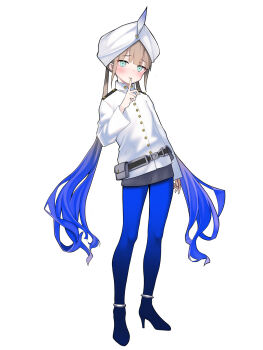 1boy anklet belt blue_hair blue_pantyhose blush brown_hair captain_nemo_(fate) captain_nemo_(first_ascension)_(fate) fate/grand_order fate_(series) full_body gradient_hair green_eyes grey_shorts hat hat_feather high_heels highres jacket jewelry long_hair long_sleeves looking_at_viewer multicolored_hair nemo_(fate) okuri_banto pantyhose pouch shorts solo thighs turban two-tone_hair very_long_hair white_hat white_jacket