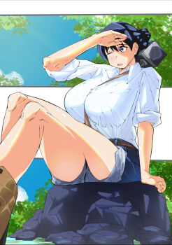1girl absurdres adapted_costume arato_nagi arm_up belt black_hair blue_eyes blue_shorts breasts brown_belt collared_shirt commentary denim denim_shorts earrings feet_out_of_frame hammer highres jewelry large_breasts leaf long_hair long_legs long_sleeves open_mouth rock ruri_no_houseki shading_eyes shirt shirt_tucked_in shorts sitting sleeves_rolled_up solo stud_earrings thighs tree user_nmwp4827 white_shirt wing_collar