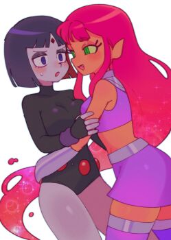2girls blush breasts colored_sclera colored_skin commentary dc_comics forehead_jewel green_eyes green_sclera grey_skin highres hug kojirou_(mesurf1) leotard long_hair medium_breasts multiple_girls navel orange_skin purple_eyes purple_hair raven_(dc) red_hair short_hair skirt sleeved_leotard smile standing starfire teen_titans thighhighs white_background y2k_fashion yuri