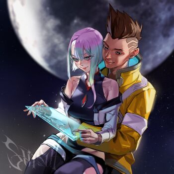 1boy 1girl arm_hug artist_name blurry blurry_background commentary couple cyberpunk cyberpunk:_edgerunners cyberpunk_(series) cyborg david_martinez english_commentary english_text eyes_visible_through_hair hair_between_eyes highres jacket light_smile lucy_(cyberpunk) makeup mohawk moon outdoors reading samurai_jacket_(cyberpunk) signature sitting sitting_on_lap sitting_on_person sky star_(sky) starry_sky suisui_again symbol-only_commentary yellow_jacket