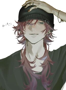 Rule 34 | 1boy, alternate costume, alternate hairstyle, arm up, beanie, black hair, ear piercing, emoticon, esu 1, green eyes, green shirt, hand on own head, hat, highres, kaomoji, lauren iroas, long hair, looking at viewer, male focus, nijisanji, pierced hat, piercing, red hair, shirt, simple background, smile, solo, upper body, virtual youtuber, white background