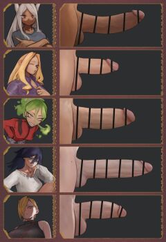 5futa absurdres animal_ears bar_censor blonde_hair blue_eyes blue_hair boku_no_hero_academia burnin_(boku_no_hero_academia) censored chart closed_mouth comparison dark-skinned_female dark_skin ear_piercing erection frown futanari green_hair hair_over_one_eye highres large_penis long_hair long_image looking_at_viewer medium_penis midnight_(boku_no_hero_academia) mirko mole mole_under_eye mount_lady multiple_futa one_eye_closed orange_eyes parted_lips penis penis_chart penis_comparison penis_size_comparison piercing pointy_bean rabbit_ears red_eyes ryuukyuu short_hair small_penis smile teeth testicles veins veiny_penis white_hair wink