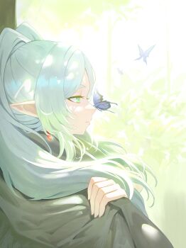 1girl absurdres blanket bug butterfly butterfly_on_nose closed_mouth commentary_request earrings elf frieren from_side green_eyes hair_over_shoulder highres insect jewelry leaf long_hair oro_(lsg0624) outdoors parted_bangs pointy_ears profile purple_butterfly sidelocks sitting solo sousou_no_frieren teardrop_earrings thick_eyebrows tree twintails white_hair