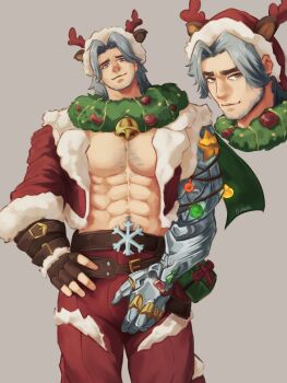 1boy abs animal_ears antlers bell brown_background brown_gloves bucky_barnes captain_america_(series) chest_hair christmas_wreath coat commentary crotch_grab deer_ears english_commentary facial_hair fake_animal_ears fake_antlers fingerless_gloves fur-trimmed_coat fur_trim gloves grey_eyes grey_facial_hair grey_hair hand_on_own_hip hat highres horns marvel marvel_rivals muscular muscular_male navel official_alternate_costume pants prosthesis prosthetic_arm red_coat red_pants reindeer_antlers santa_hat solo stomach_hair stubble whimstic winter_soldier wreath