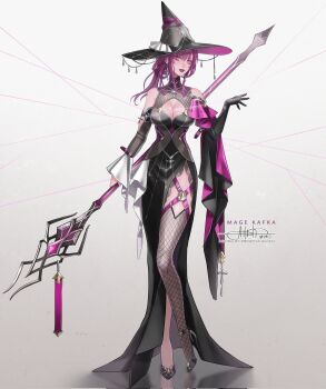 1girl alternate_costume bare_shoulders black_dress black_footwear black_gloves black_hat black_thighhighs breasts character_name cleavage cleavage_cutout clothing_cutout commentary corrupted_twitter_file cross cross_earrings detached_sleeves dress earrings english_commentary fishnet_thighhighs fishnets full_body gloves hat high_heels highres holding holding_staff honkai:_star_rail honkai_(series) jewelry kafka_(honkai:_star_rail) large_breasts lips long_hair looking_at_viewer parted_lips princess_ailish purple_eyes purple_hair signature single_glove single_thighhigh sleeveless sleeveless_dress smile solo staff thighhighs typo witch_hat