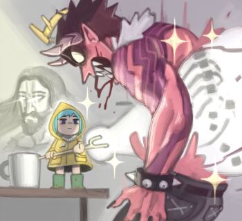 2boys attack bead_necklace beads beard blank_eyes blood blue_eyes blue_hair cane cross cross_necklace demon energy_gun expressionless facial_hair full_body gender_request highres holding holding_cane jesus jewelry jubilee_2025 kelvin_hiu looking_at_another luce_(jubilee_2025) multiple_boys muscular necklace open_mouth pointy_ears shaded_face sharp_teeth short_hair simple_background size_difference spiked_hair teamwork teeth violence weapon