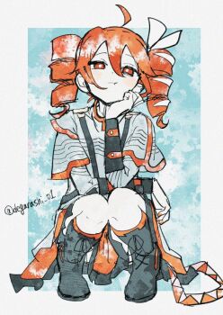 1girl ahoge black_boots boots commentary degarashi_01 drill_hair grey_shirt half-closed_eyes head_on_hand kasane_teto red_eyes red_hair shirt signature squatting synthesizer_v utau