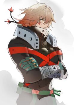 1boy absurdres bakugou_katsuki bakugou_katsuki_(cosplay) belt blonde_hair boku_no_hero_academia braid closed_mouth collared_shirt commentary cosplay cowboy_shot crossed_arms english_commentary facial_mark gloves gradient_hair green_belt hair_between_eyes highres honkai:_star_rail honkai_(series) long_sleeves male_focus multicolored_hair mydei_(honkai:_star_rail) quinieo_o shirt side_braid smoke solo yellow_eyes